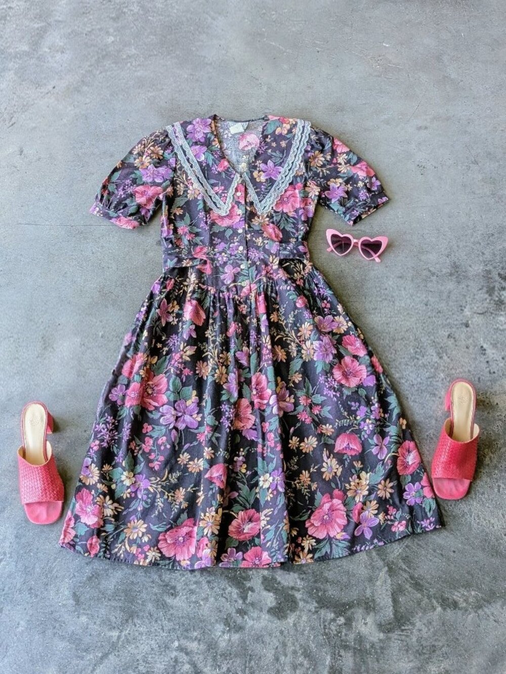Vintage 80s Statement Collar Dark Pink Floral Button Front Midi Party Dress